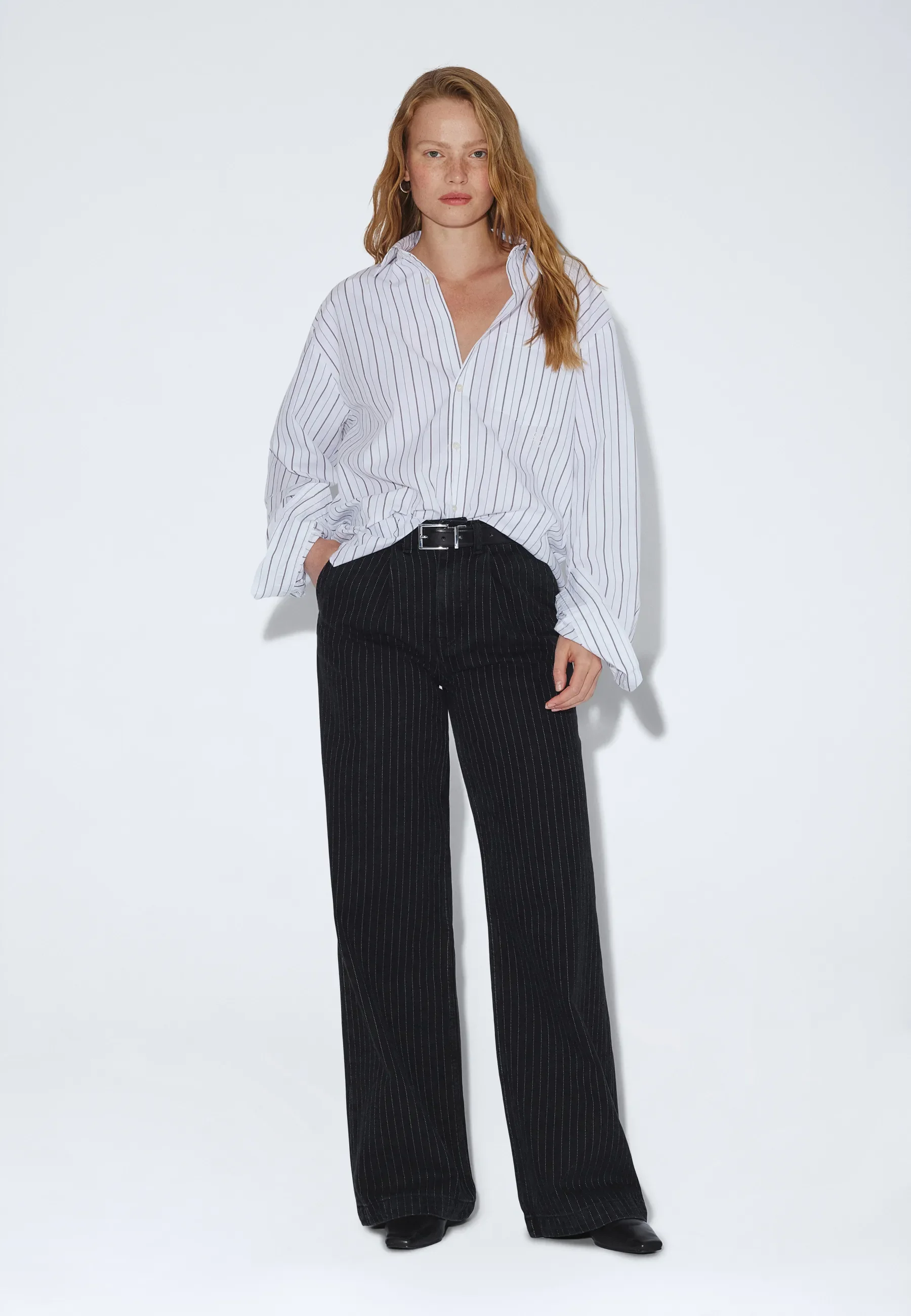 Rhue High Wide Pleated - Washed Black Pinstripe - Image 3